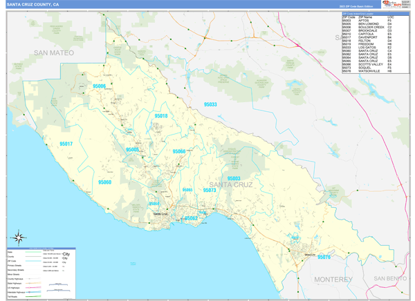 Santa Cruz County, CA Zip Code Wall Map Basic Style by MarketMAPS